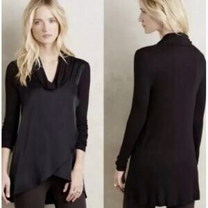 Deletta Anthropologie Black Small Cowl Neck Long Pullover Satin Front Sweater